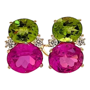Christina Addison Medium Gum Drop Earrings With Peridot and Pink Topaz and Diamonds - a Pair