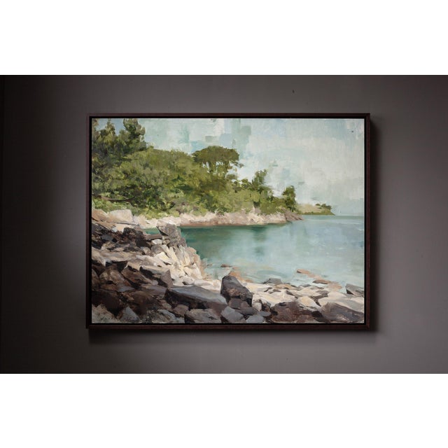 Wood Contemporary Light Among Rocks by Jon Doran | Oil on Panel Rocky Cove With Turquoise Water For Sale - Image 7 of 9