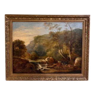 19th Century Oil on Canvas "Cattle Watering by the Stream" For Sale