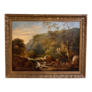 19th Century Oil on Canvas "Cattle Watering by the Stream"