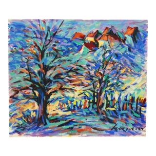 Vintage American School Expressionist Oil on Board Landscape Painting in Blue, Signed For Sale