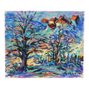 Vintage American School Expressionist Oil on Board Landscape Painting in Blue, Signed
