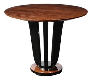 Art Deco Machine Age Bookmatched Walnut Gueridon Table W/ Black Lacquer Supports