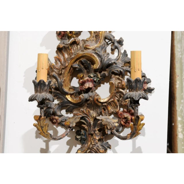 Wood Late 19th Century Italian Rococo Style Carved and Painted Sconces - A Pair For Sale - Image 7 of 13