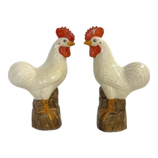 Vintage Chinese Porcelain Roosters With Incised Makers Mark- a Pair For Sale