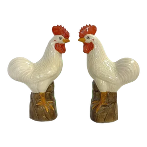 Vintage Chinese Porcelain Roosters With Incised Makers Mark- a Pair