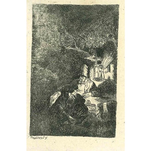 The rest on the Flight into Egypt is an etching on ivory-colored paper realized after an etching by Rembrandt. This...