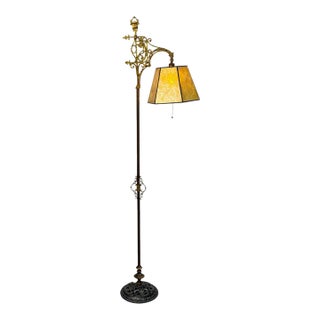 1910s Floor Lamp With Cast Brass Top and Golden Mica Shade For Sale