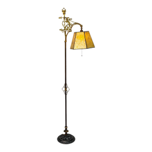 1910s Floor Lamp With Cast Brass Top and Golden Mica Shade