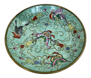 Chinoiserie Celadon Butterfly Flower Dish Lined With Brass