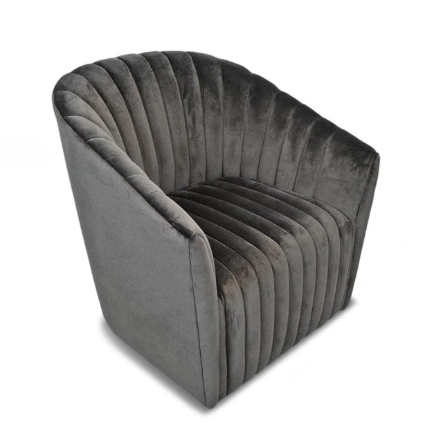 Mid-Century Modern Slate Grey Velvet Swivel Chair For Sale - Image 3 of 11