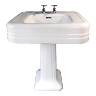 1920s Cast Iron & Porcelain Pedestal Sink With "Central Brass" Chrome Faucets For Sale