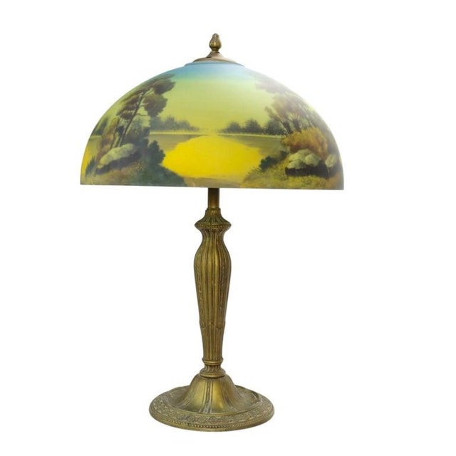 Glass Arts & Crafts Phoenix Reverse Painted Landscape Lamp C1920 For Sale - Image 7 of 10