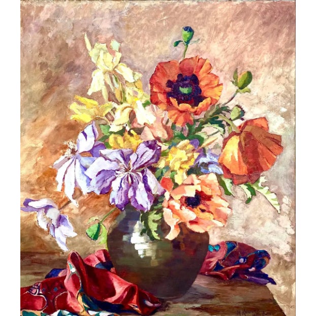 Midcentury Signed Original Floral Oil Painting For Sale - Image 12 of 12