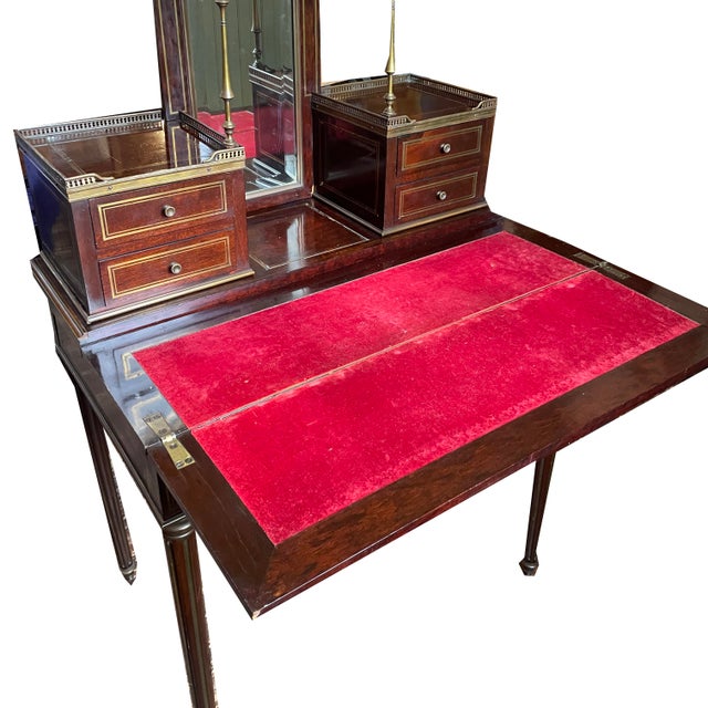1800s Louis XVI style “Bonheur du jour” writing desk. Gorgeous brass inlay everywhere with red velvet writing surface. See...
