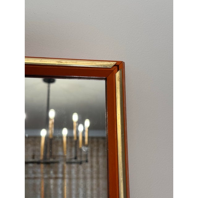 Wood Mid Century Modern Bright Orange Solid Wood & Brass Wall Mirror For Sale - Image 7 of 11