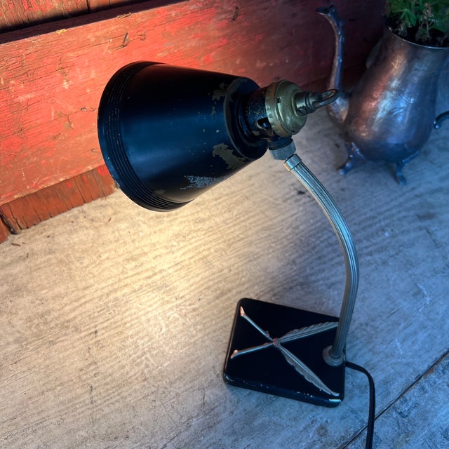 1930s Chase Brass & Copper Co. Art Deco Desk Lamp Black Shade & Feather Base For Sale - Image 16 of 17
