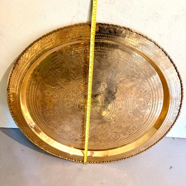 Metal Large Vintage Etched Brass Wall Art/Tray With Birds & Floral Motifs For Sale - Image 7 of 9