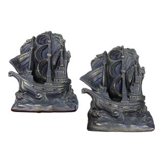Antique Armor Bronze Ship Bookends - Set of 2 For Sale
