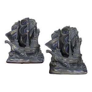Antique Armor Bronze Ship Bookends - Set of 2