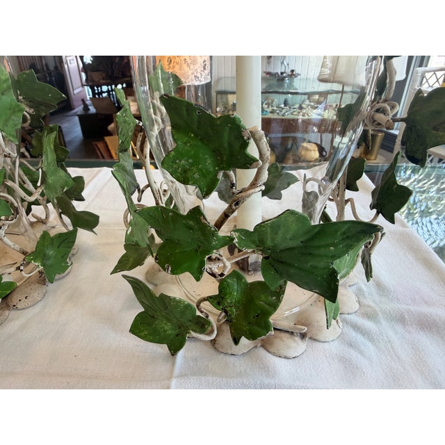 French Country Vintage Ivy Metal Tole Hurricane Candle Holders Pair For Sale - Image 3 of 14