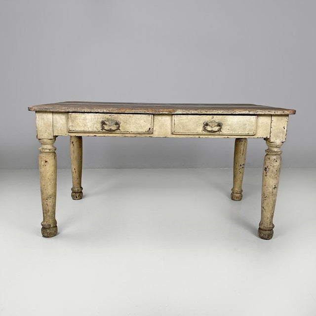 Italian antique white painted wooden dining table with two drawers, late 1800s Dining table entirely made of solid wood....