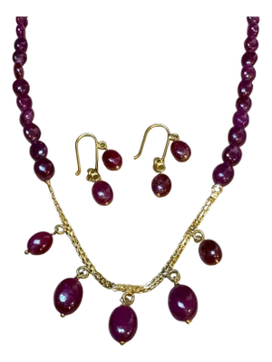 85 Ct Natural Ruby Bead Single Strand Necklace +Matching earrings in 22 K Gold