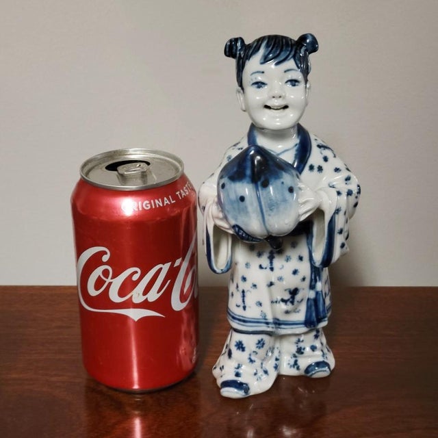 1970s Vintage Taiwanese Blue & White Porcelain Girl Figurine With Peach, 7.5" For Sale - Image 5 of 7