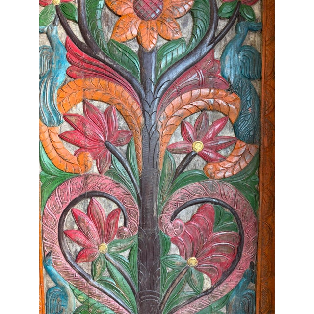 Vintage Hand-Carved Indian Wood Panel Barn Door | Tree of Life, Elephant, Peacock & Lotus84x36 For Sale - Image 4 of 5