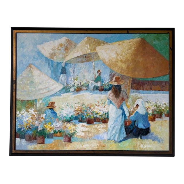 1970’s John Adamos Manol Impressionist Florist Market Oil on Canvas Painting – Framed For Sale