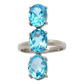 Unique Design 7.53 Carat Blue Topaz Three Stone Ring in 925 Silver - Size 8 For Sale