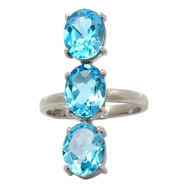 Unique Design 7.53 Carat Blue Topaz Three Stone Ring in 925 Silver - Size 8 For Sale