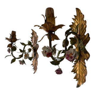 19th Century Italian Tole and Porcelain Roses Polychrome Sconces Vibrant For Sale