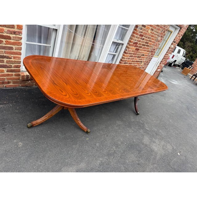 Vintage George III Style Cross-Banded Top Double Pedestal Inlaid Dining Table With Leaves For Sale - Image 10 of 17