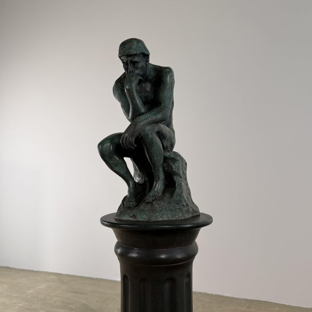 After Rodin “The Thinker” Bronze Sculpture, Signed, Green Patina – 14” For Sale - Image 10 of 12