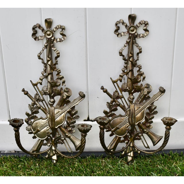 Metal French Pair Brass Sconces Large Ornate Music Wall Violin Candle Holders 40s For Sale - Image 7 of 17