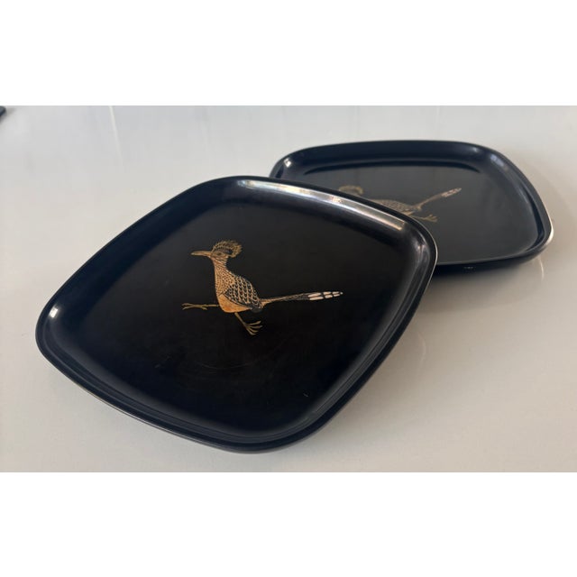 Mid-Century Modern Mid-20th Century Modern Couroc of Monterey Black, Gold, and Bronze Roadrunner Square Trays - A Pair For Sale - Image 3 of 11