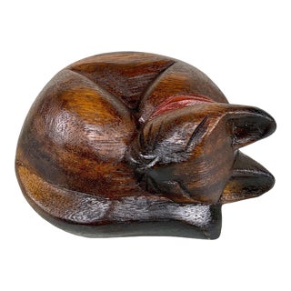 Vintage Teak Carved Sleeping Cat Sculpture For Sale