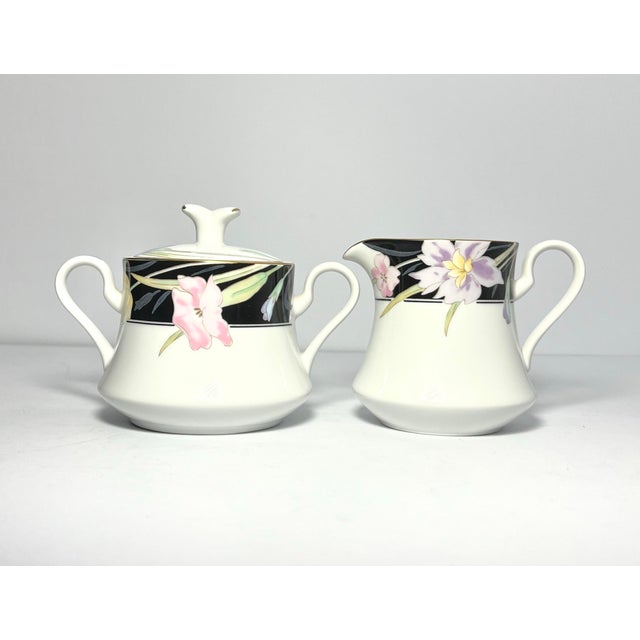 Mikasa “Charisma, Black” Porcelain Sugar Bowl w/Lid 4 1/4” & Creamer 3 3/4” 8oz Good vintage condition. No chips, cracks,...