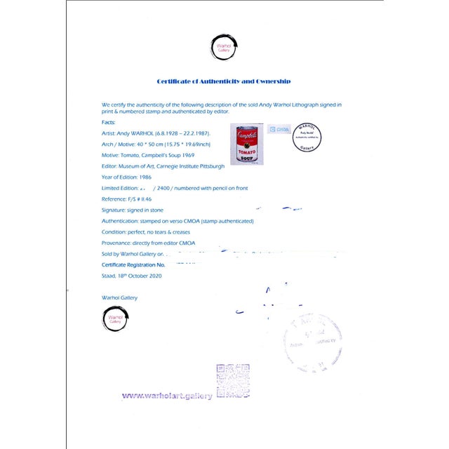 Contemporary 1986 Carnegie Museum of Art Andy Warhol Campbell's Soup Tomato 2714/3000 Lithograph Reproduction For Sale - Image 3 of 3