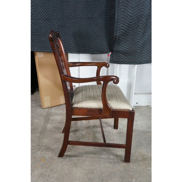 Maitland - Smith 2 Late 20th Century Maitland Smith Chippendale Pierced Mahogany Dining Arm Chairs Silk Seats Pair For Sale - Image 4 of 18