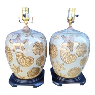 Vintage Ceramic Seashell Design Coastal Tan Blue Gray Ginger Jar Table Lamps- a Pair For Sale