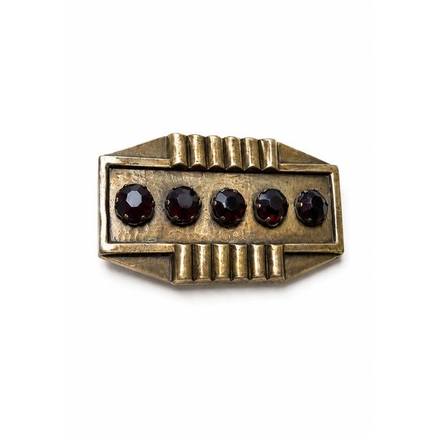 Art Deco Revival Geometric Bronze Brooch with Ruby-Red Crystals from Erte, 1980s For Sale - Image 9 of 9
