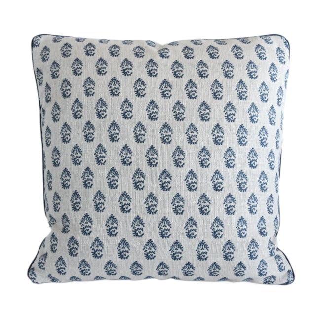Custom-tailored designer pillow by Mike Seratt of The Prized Pig in designer Peter Dunham fabric called "Rajmate Blue”...