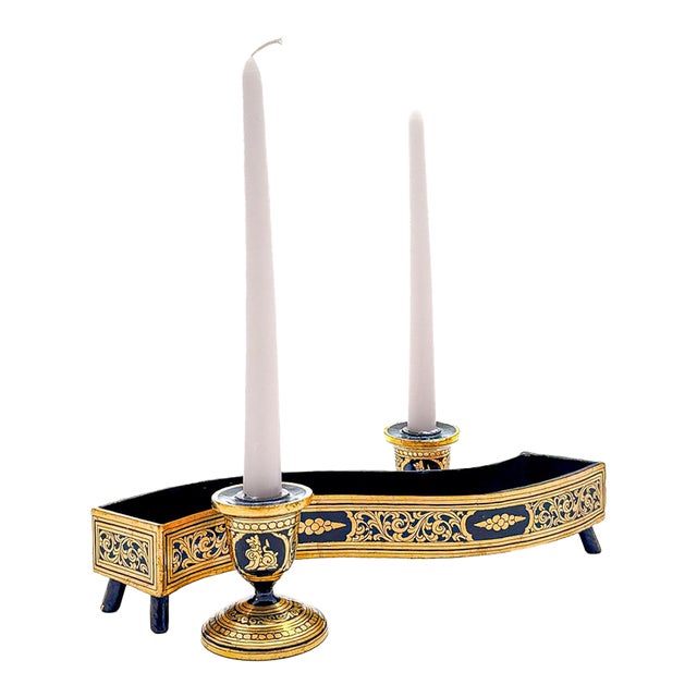 Mid-20th Century Burmese Lacquer Candlesticks and Serpentine Tray, Shwe Zawa Gold Leaf, Set of 3 For Sale