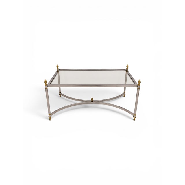 Traditional 20th-C. Maison Jansen Inspired Chrome and Brass Coffee Table W/ Mirror or Glass For Sale - Image 3 of 5