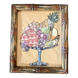 1970’s Vintage Still Life Stamp Collage Faux Bamboo Frame Signed For Sale