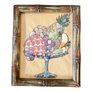 1970’s Vintage Still Life Stamp Collage Faux Bamboo Frame Signed