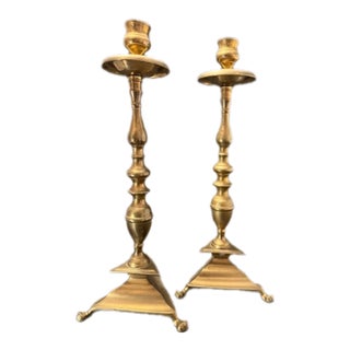 Pair of Brass Mid Century Candlesticks With Triangular Base For Sale