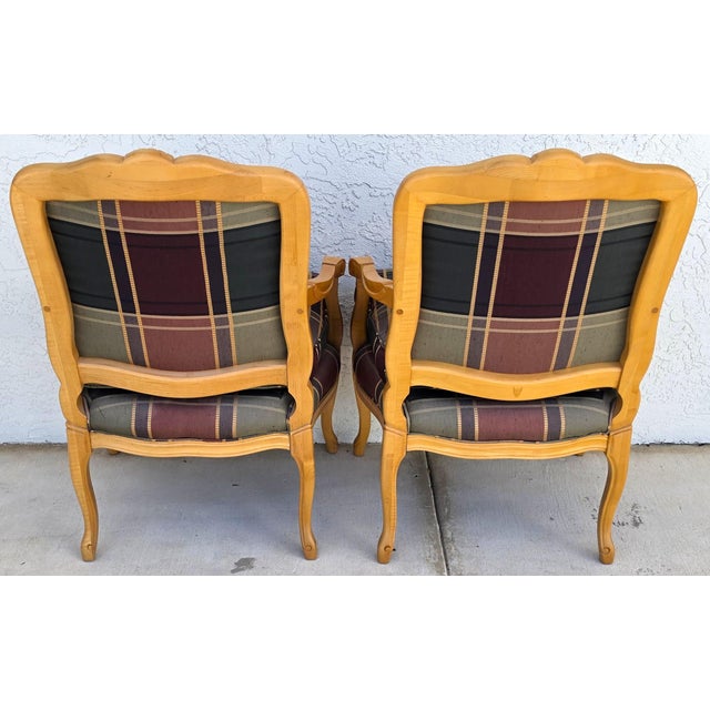 French Provincial Vintage Louis XV French Provincial Armchairs Plaid Tartan Fauteuil Cabriole Legs For Sale - Image 3 of 16